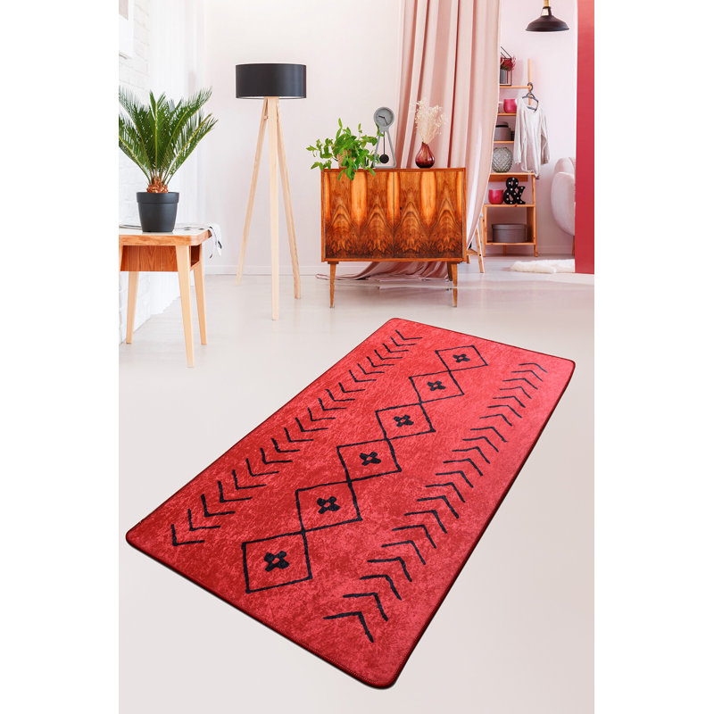 Premium Non-Slip Area Carpet, Red & Black, 55.1 x 74.8 inches | 100% Polyester, 0.4 in Pile Height, 0.4 in Total Thickness | Antibacterial, Machine Washable at 86°F | Perfect for Living Room & Bedroom Decor