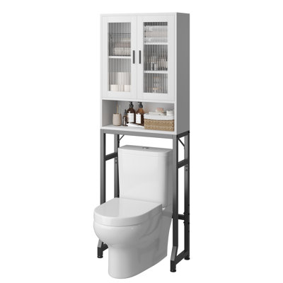 Over The Toilet Storage Cabinet, Freestanding Bathroom Organizer With Tempered Glass Doors, Space Saving Bathroom Shelf, White
