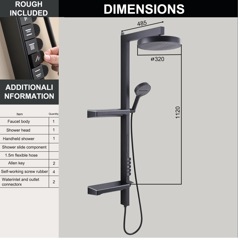 12.8" Exposed Rainfall Shower System，5 Functions with Handheld and Waist Shower，4 Spray Modes, Matte Black
