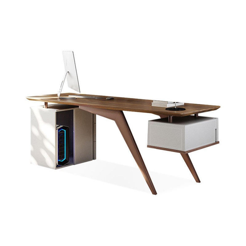 Bureau à 4 tiroirs brun noisette + blanc beige + bois manufacturé rectangulaire champagne + acier au carbone, Retour à droite