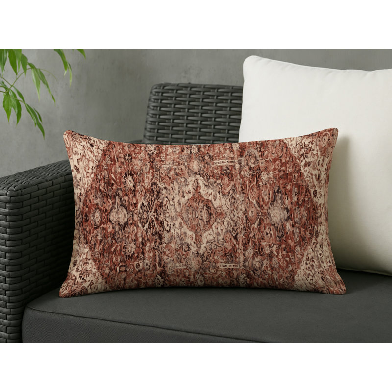 Coussin décoratif intérieur et extérieur Modern, Rouille / beige / damas gris, Rectangle H 20 po x l 14 po