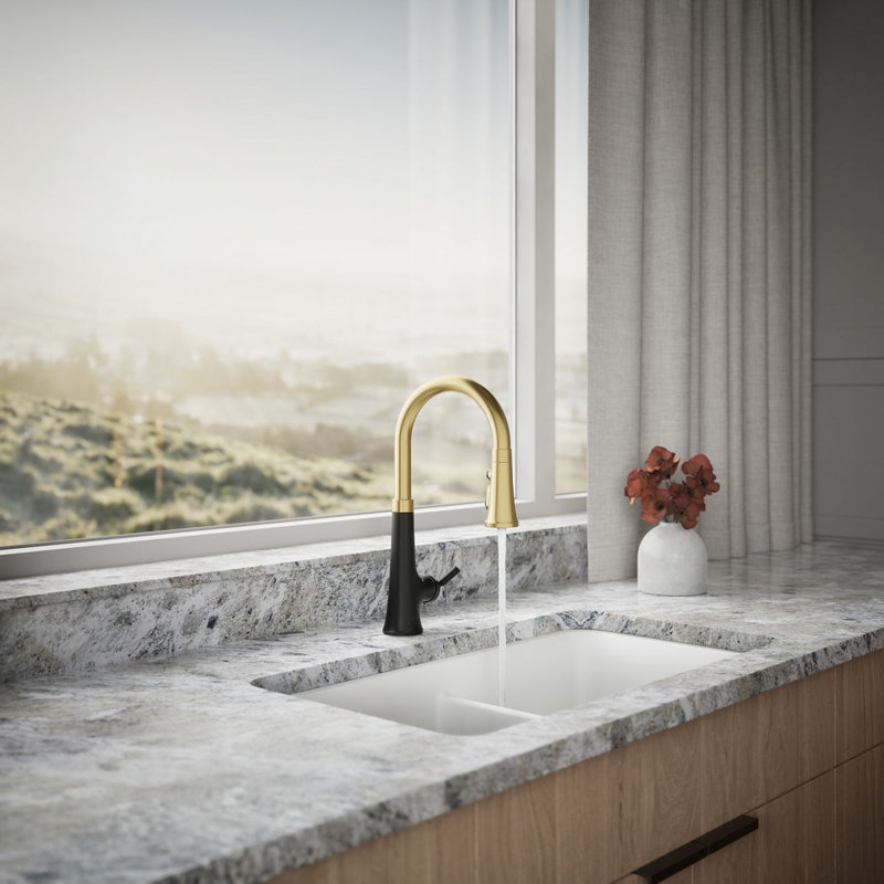 Tone™ Touchless Pull-Down Kitchen Sink Faucet with Voice Activation and Three-Function Sprayhead, Matte Black/Brass