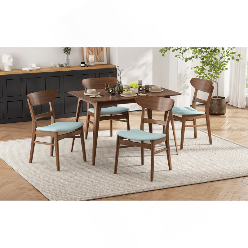 Mid-Century Modern 5-Piece Dining Set, Rubberwood Frame, One Table And 4 Upholstered Chairs, Walnut ; Mint