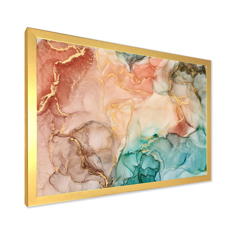 «Brown Luxury Abstract Fluid II», peinture sur toile, H 16 po x l 32 po x P 1 po, Encadrement doré