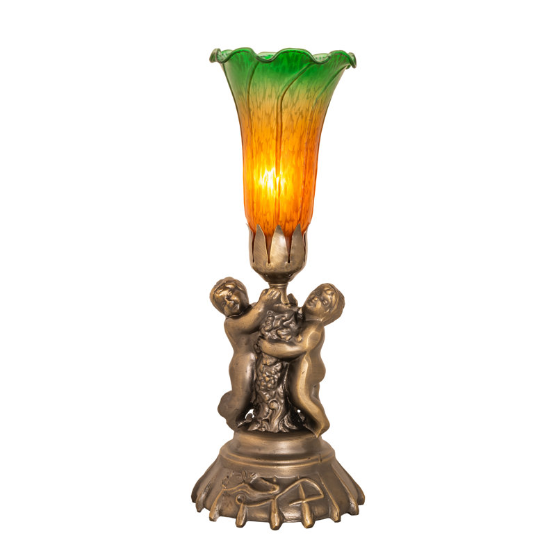 13" High Amber/Green Tiffany Pond Lily Twin Cherub Accent Lamp, Orange/Green