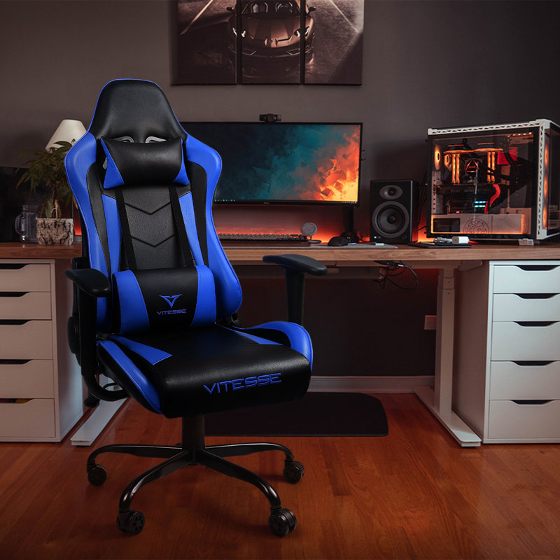 Fauteuil de jeu ergonomique pour ordinateur avec support et appui-tête de 330 lb, Bleu, H 49,7 po x l 22,2 po x P 21 po