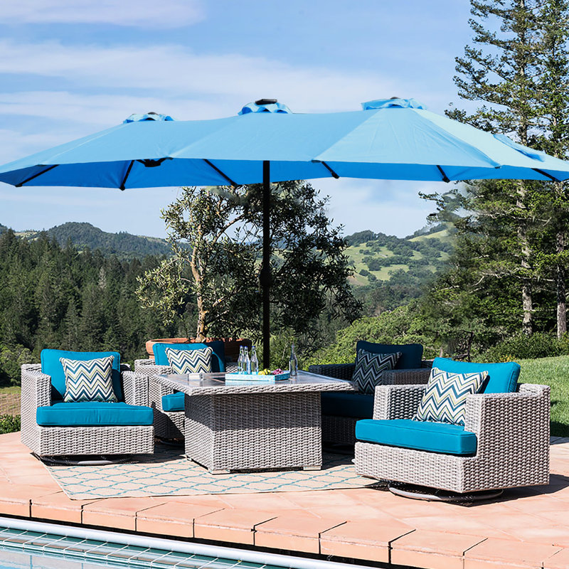 Parasol pratique à manivelle avec base et support - grand abat-jour bleu