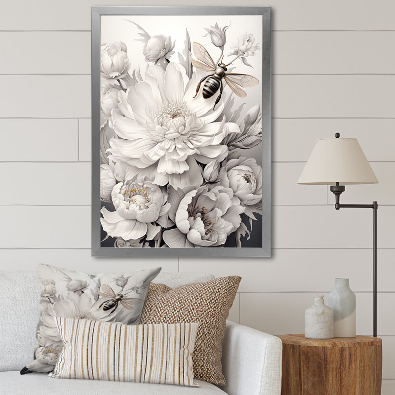 «White Buzzing Bees Flowers 2», art mural insectes et insectes, Cadre simple argenté, H 32 po x l 16 po x P 1 po