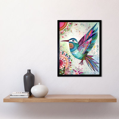 Hummingbird With Multicolour Mandala Patterns Folk Art Watercolour Painting Art Print Framed Poster Wall Decor 12x16 inch