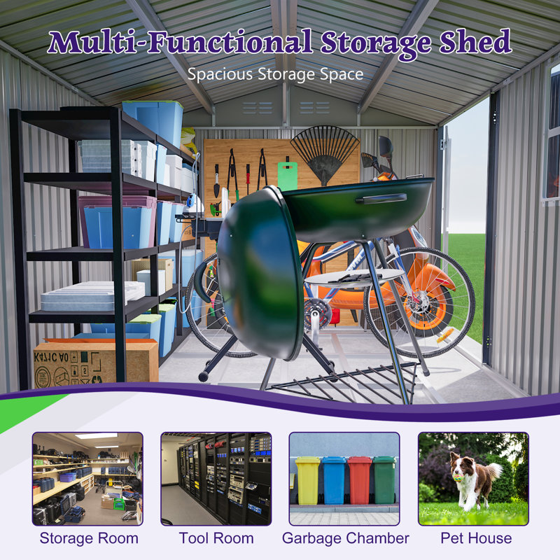 10 FT x 8 FT Rectangular Metal Storage Shed with Window & Floor Frame, Gray