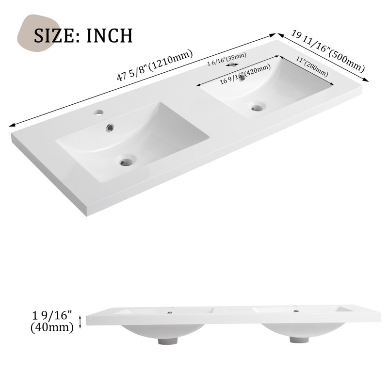 48" Wall Mounted Double Bathroom Vanity with Resin Top, Khaki