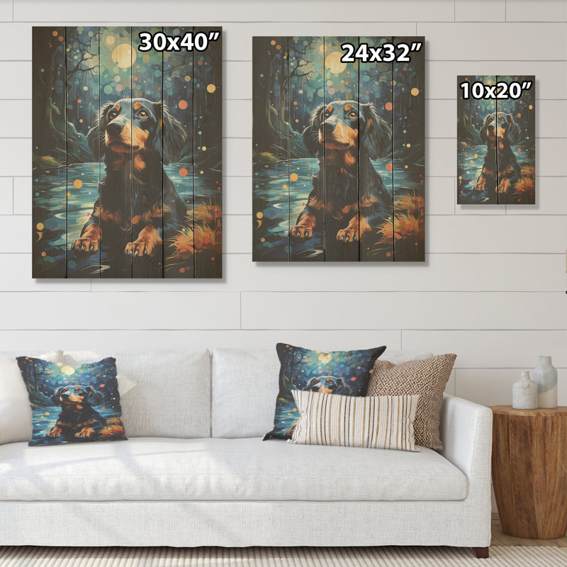 Dachshund Dreamscape I - chien, art mural sur bois de pin naturel, H 40 po x l 30 po