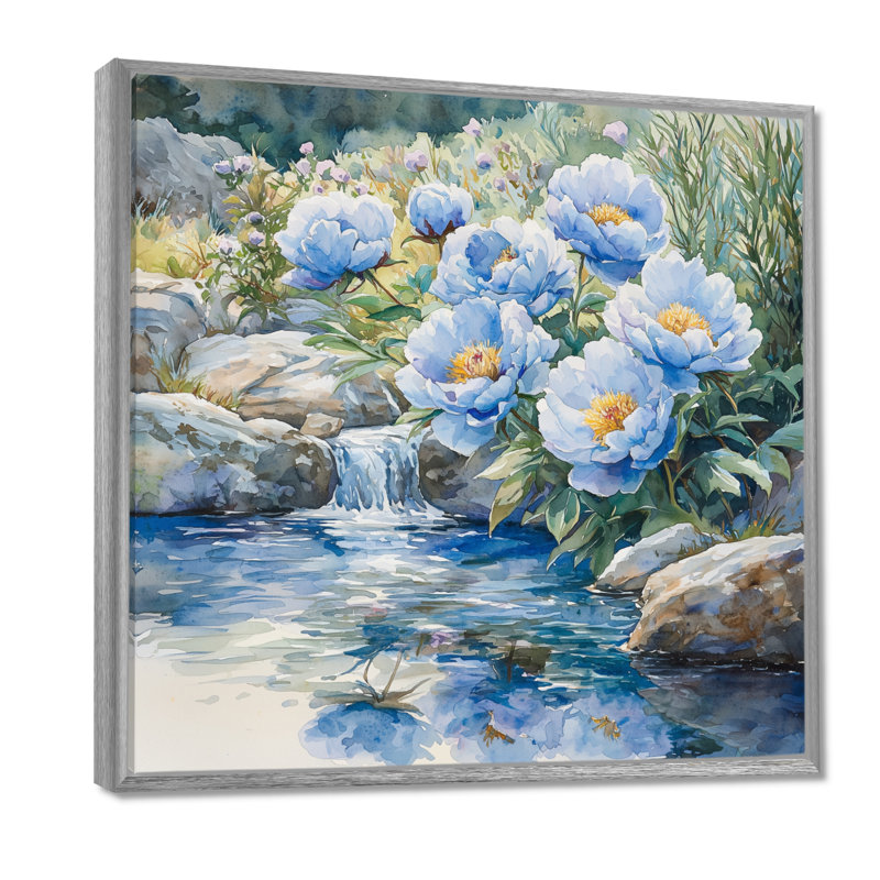Montagne, pivoines au bord de la rivière I - pivoines, art mural pour le salon, H 16 po x l 16 po, Argent argent