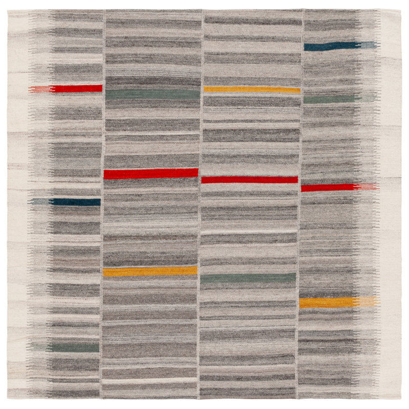 Kilim Flatweave Wool Cotton Abstract Rug in Ivory/Gray, Round 6'