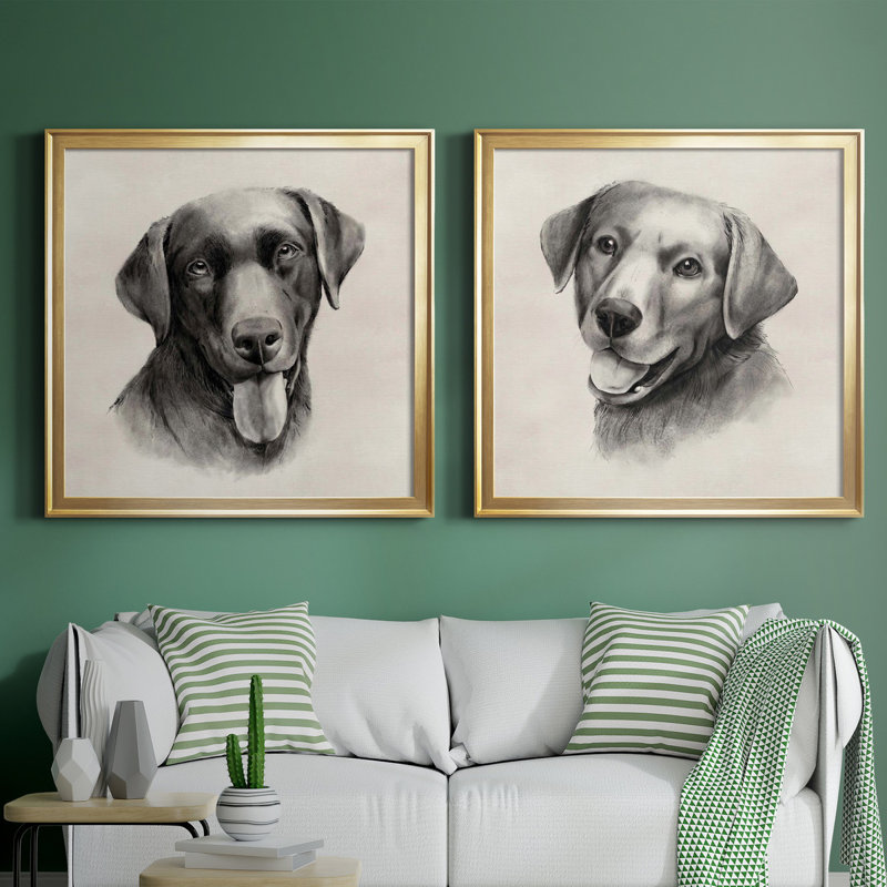 «Charcoal Labrador I», ensemble de 2 reproductions d'art sur toile, H 26,5 po x l 53 po x P 1,5 po, Toile encadrée d'or