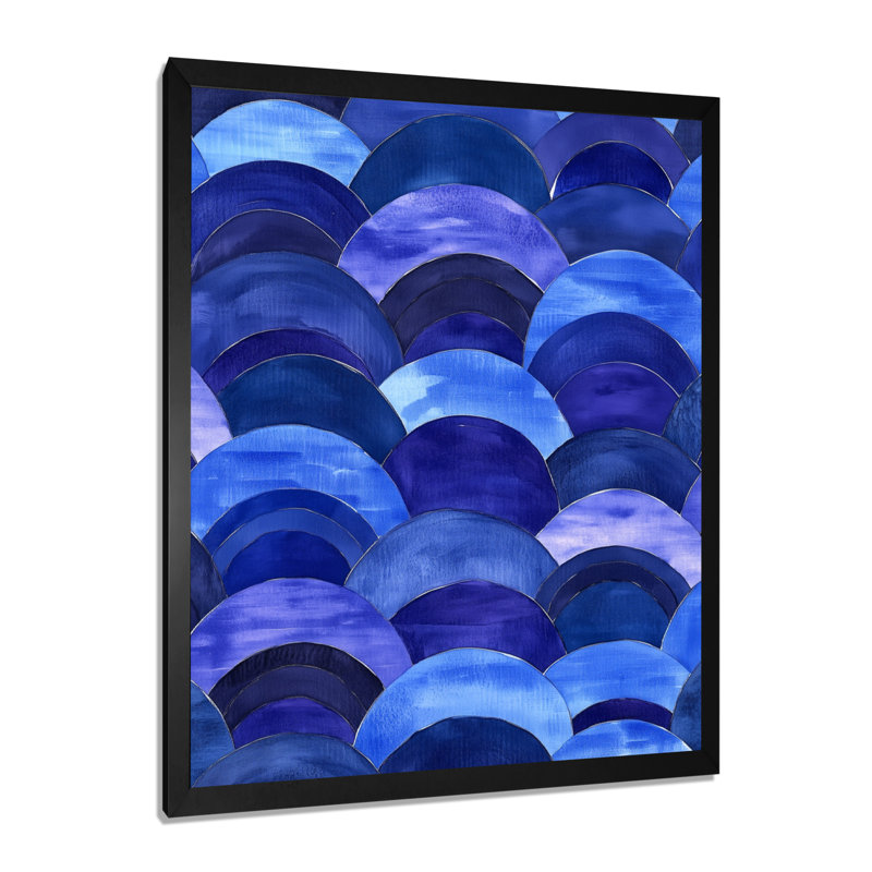 Vagues circulaires abstraites bleu-violet sur fond indigo - Tableau géométrique encadré, H 32 po x l 24 po