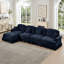 Canapé modulaire classique à trois places en forme de L avec accoudoirs évasés et volants amovibles, jupes plissées et pieds fuselés, canapé en chenille confortable à quatre places avec repose-pieds mobile, bleu-824411774