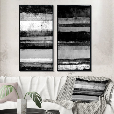 Ensemble de 2 peintures sur toiles - bandes abstraites noires et blanches