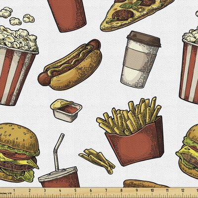 Fast Food Fabric By The Yard, Digitally Generated Fattening Food Burger Popcorn Pizza Ketchup Fries, Decorative Fabric For Upholstery And Home Accents -  East Urban Home, E7953AE0494548118C2BE2279BEBA9CB