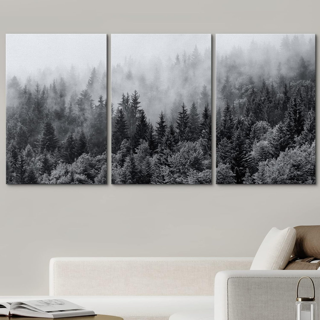Misty Forests of Evergreen Coniferous Trees in an Ethereal Landscape - 3 Piece Canvas Photograph Print IDEA4WALL 