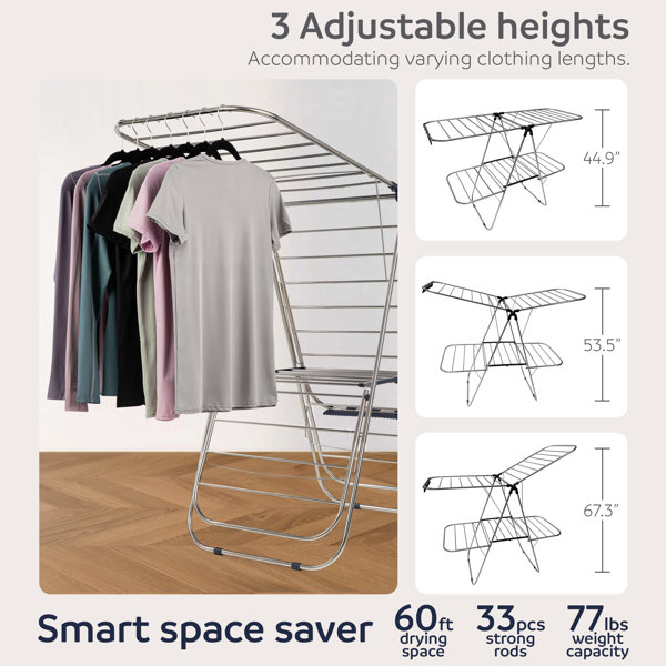 Smartsome Fold Away Clothes Rack: Stainless Steel Wall Mounted Laundry  Drying Rack - 8 Rods, 22 Feet Capacity- Easy to Install Space Saver Design  - 60