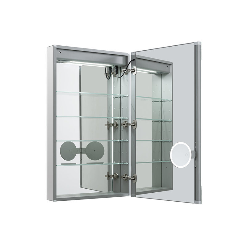 Armoire à pharmacie à DEL avec désembueur, l 24 po x H 40 po x P 5 po Schoffer, prises électriques, horloge numérique, gradateur, miroir grossissant 3X à DEL réglable