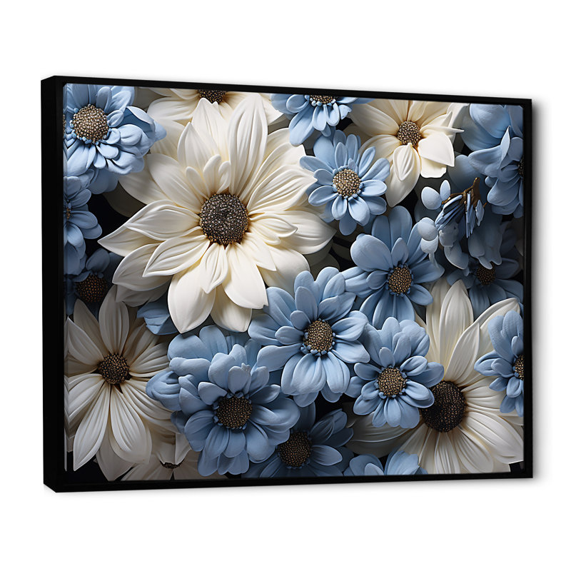 Marguerite blanche et bleue Innocence sur toile, Cadre flottant noir, H 30 po x l 40 po