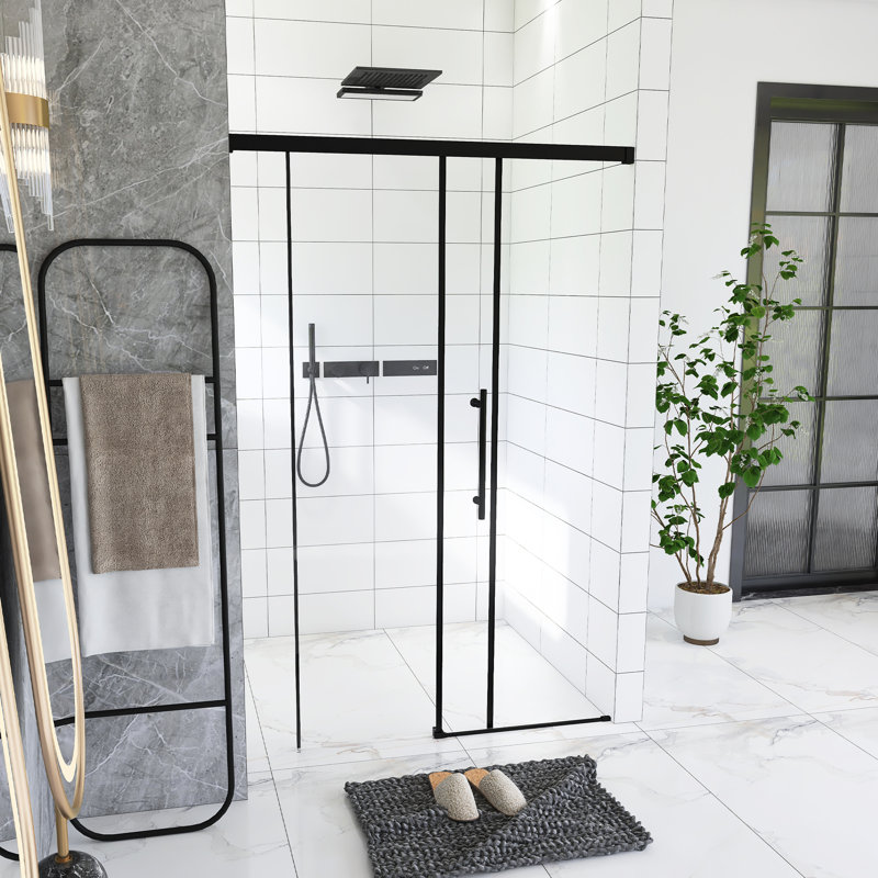 48" W × 72" H Single Sliding Shower Door,5Mm Fixed Glass And 6Mm Sliding Glass Frameless , Clear Tempered Glass, Stainless Steel Handle,Matte Black