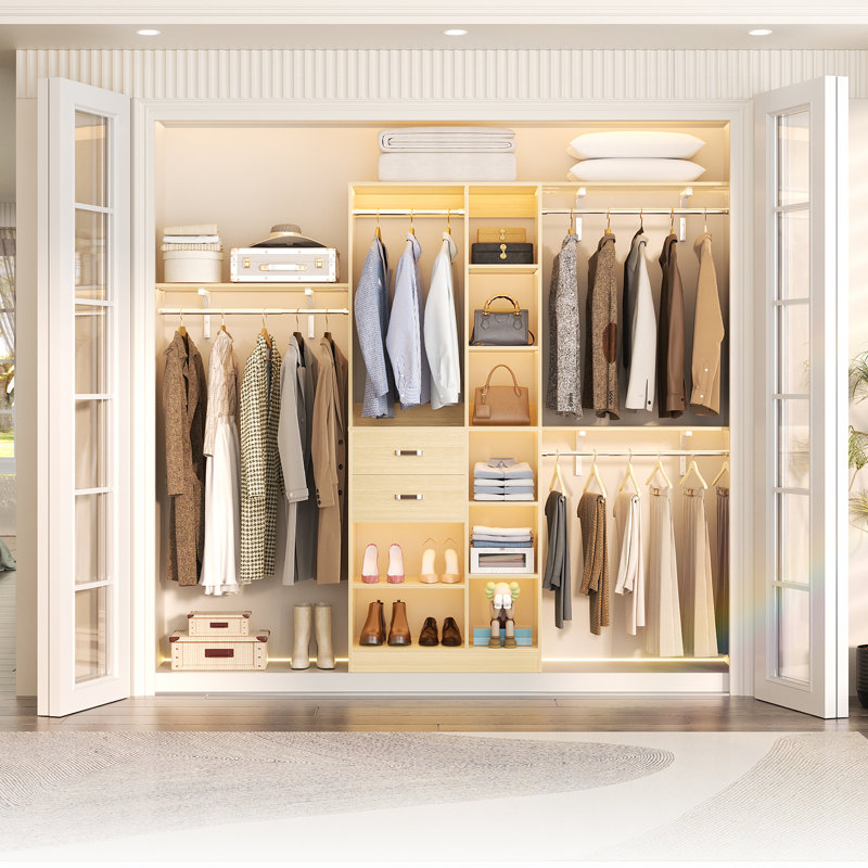 Rhandy 96" Closet System With Wooden Drawers & 13 Shelves (Can Be Cut To Fit), Burlywood