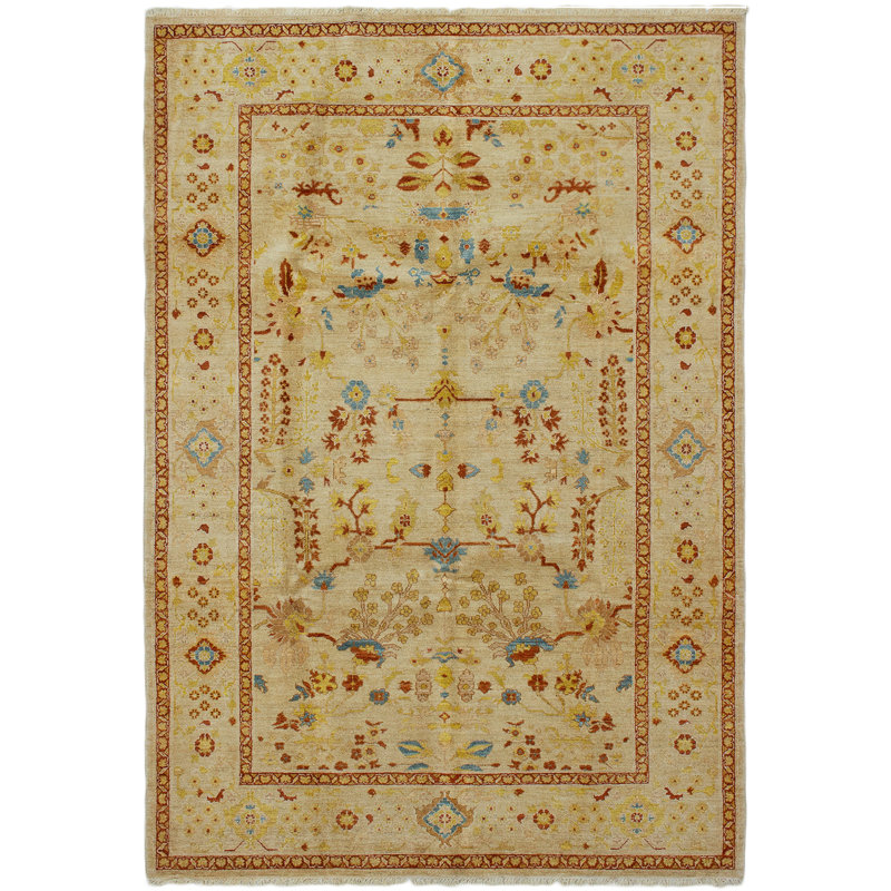 Tapis crème en laine noué à la main de conception unique 6 pi 2 po x 9 pi 1 po Kalyssa