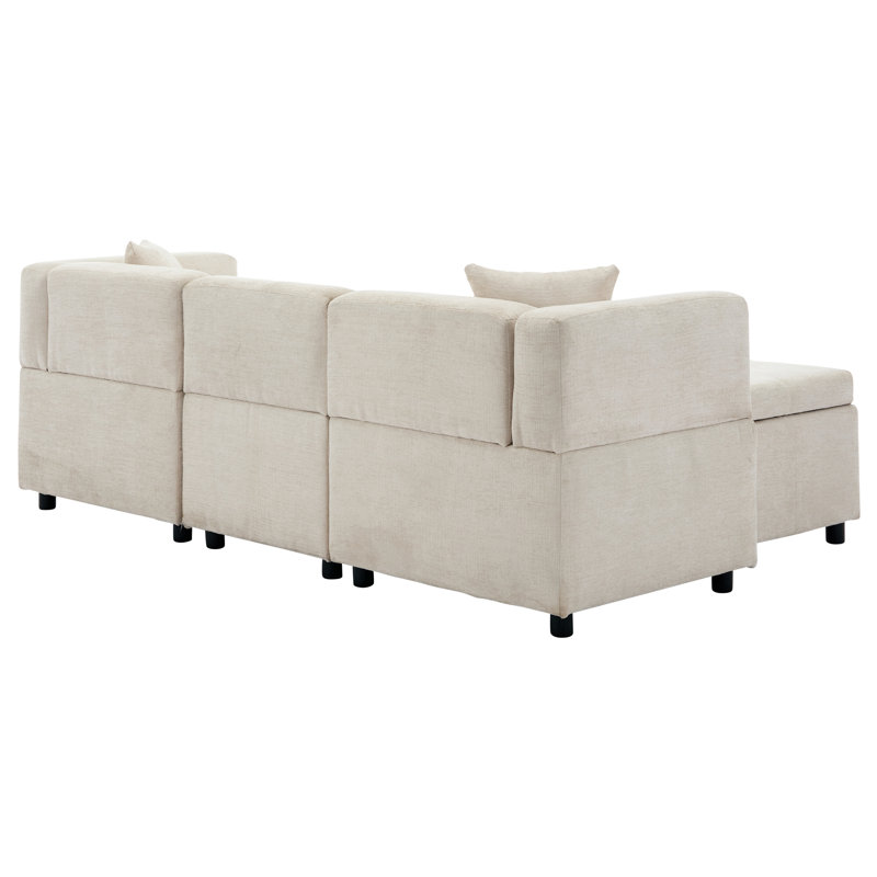 80" L-Shaped Sectional Sofa with Storage Ottoman and Pillows, Modular Couch for Apartment or Office, Beige