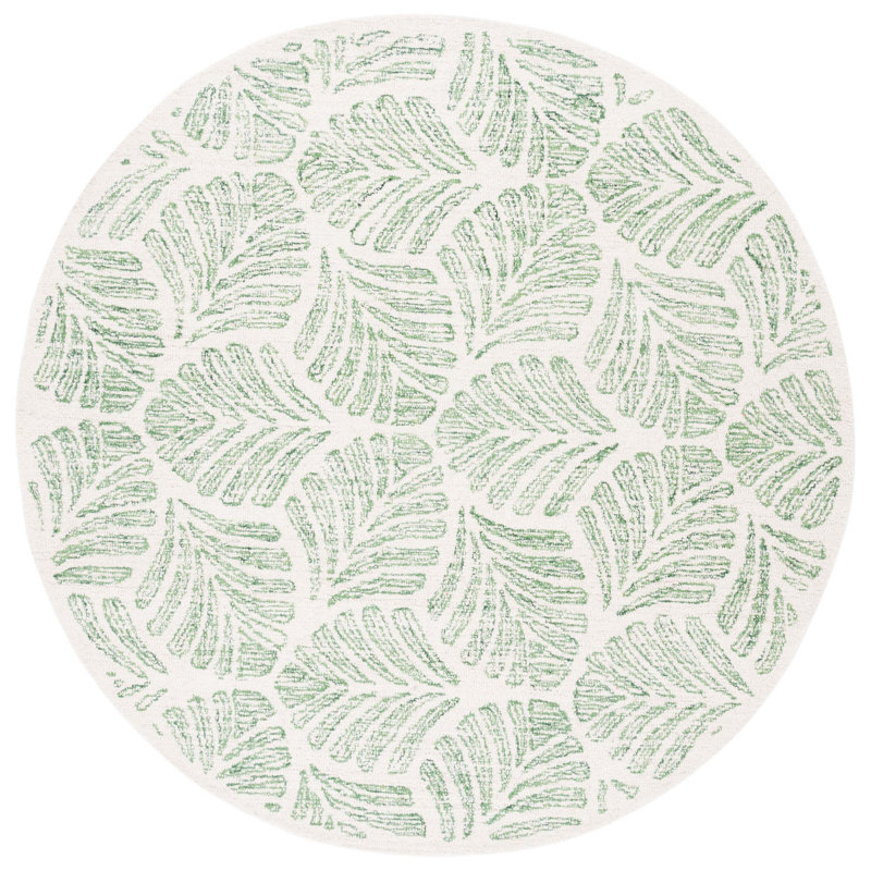 Rachell Avalyn Floral Handmade Tufted Wool Area Rug in Ivory / Green, Round 6'
