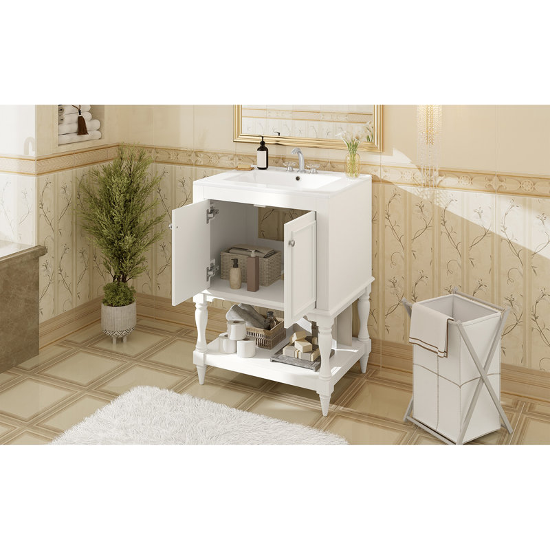 Meuble-lavabo de luxe moderne 24 po avec lavabo en céramique, armoire de salle de bain avec tablette ouverte et rangement fermé