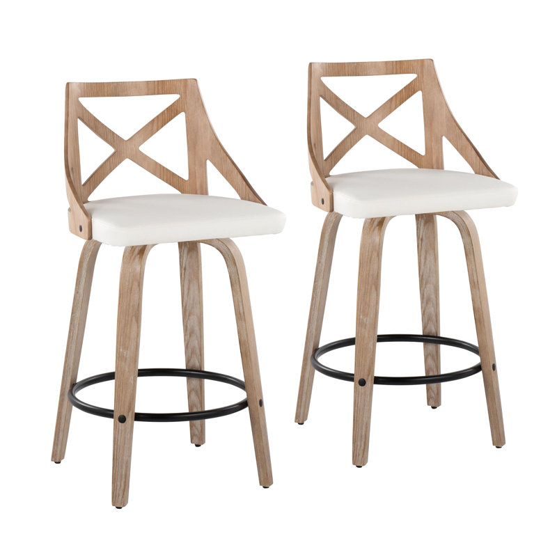Dannie 26" Fixed-Height Counter Stools with Bent Wood Legs & Round Footrest, White Washed Wood/Black, White Faux Leather