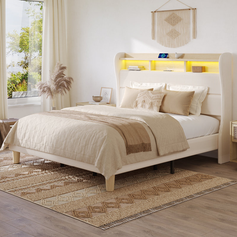 Beige King Velvet Upholstered Platform Bed Frame with Storage Headboard and LED Lights, King