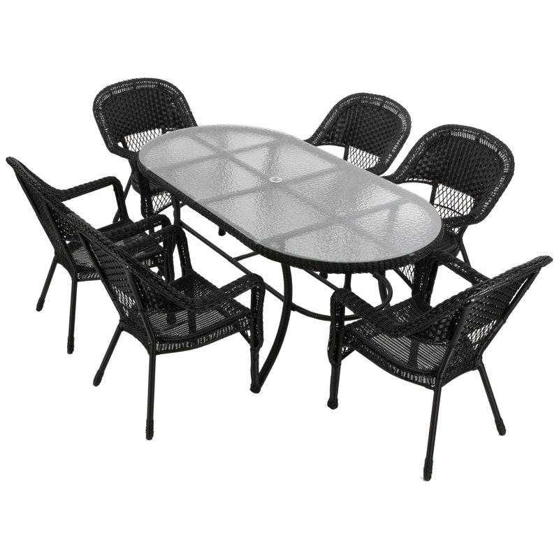 Ensemble repas d'extérieur 7 pièces en osier, Noir