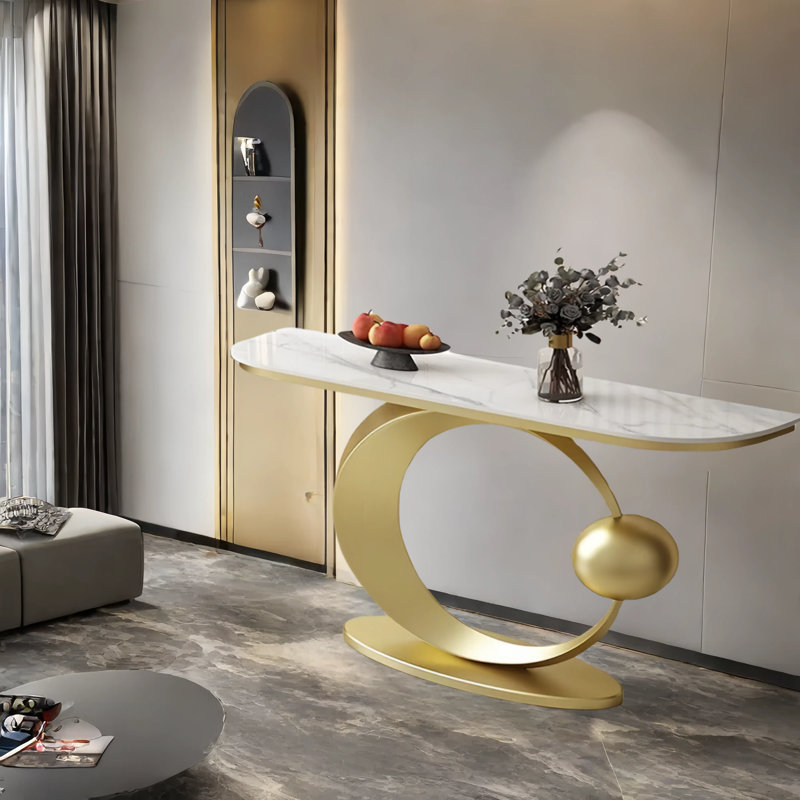 Console luxueuse pour hall d'entrée en ardoise, H 31,5 po x l 59,1 po x P 11,8 po, Blanc, Doré