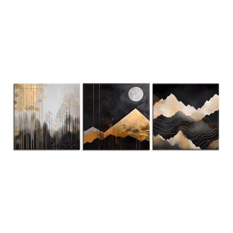 Elegant 3-Piece Decorative Canvas Painting Set, Gold, Black & Silver | 50% Cotton & 50% Polyester, 11.8 x 11.8 inches Each | Sturdy 100% Wooden Frame (0.8 in Thickness) | Perfect for Modern Home Decor & Art Lovers