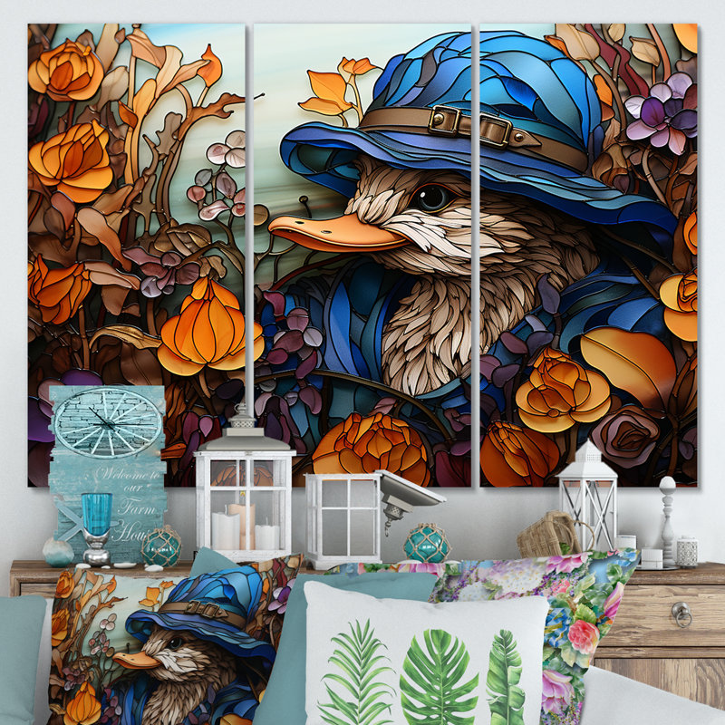 «Blue and Orange Duck Blooms Mosiac - Duck Animal», art mural, Toile tendue, H 28 po x l 36 po