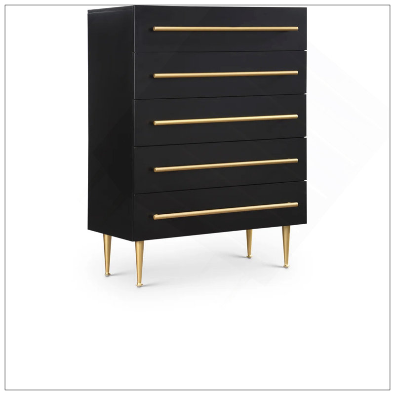 Commode contemporaine à 5 tiroirs avec détails dorés, commode 1 pièce pour chambre à coucher, unité de rangement en bois, noir