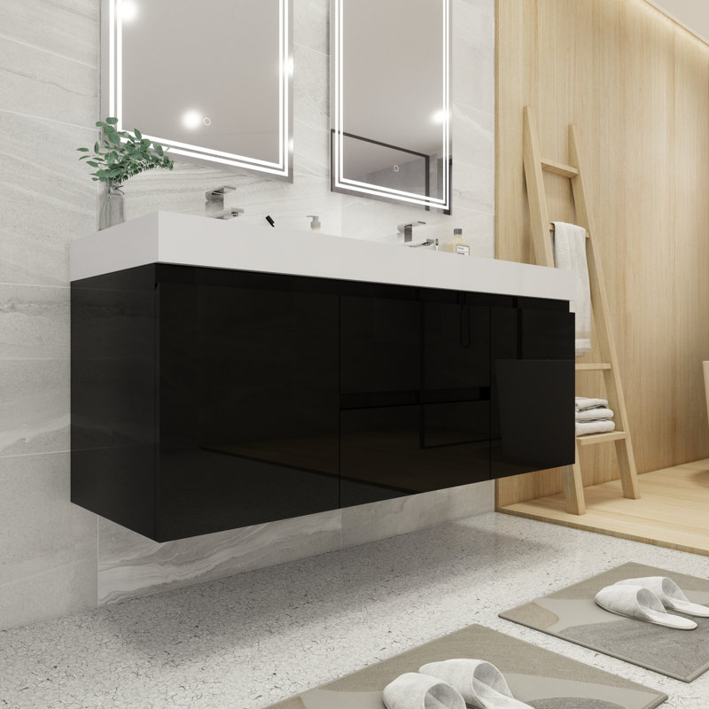Hartt 59'' Double Bathroom Vanity with Wood, Acrylic Top, High Gloss Black