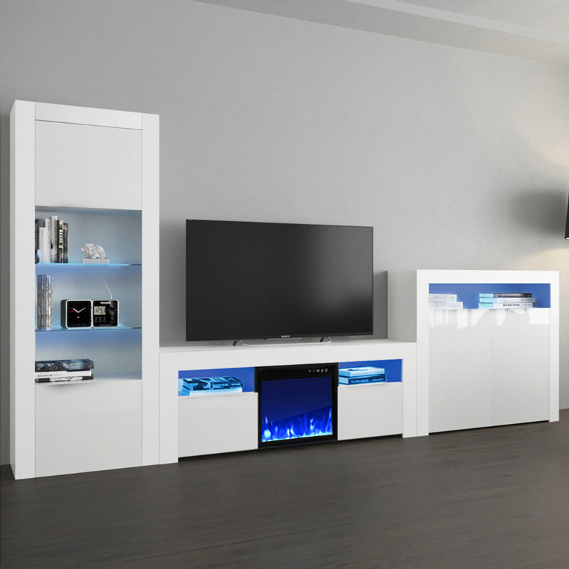 Meuble audio-vidéo Earle Modern pour téléviseur de 65 po ou moins avec foyer électrique inclus, Blanc
