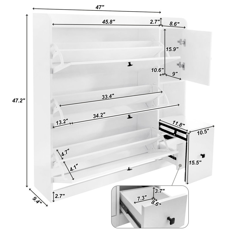 Versatile Shoe Cabinet With 3 Flip Drawers, Blanc