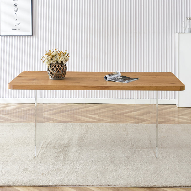 Table de salle à manger moderne et minimaliste en bois moderne avec pieds en acrylique, conception rectangulaire, convenant aux restaurants, salons, cuisines, disponible en blanc + panneau de fibres à densité moyenne et bois et panneaux de fibres à de