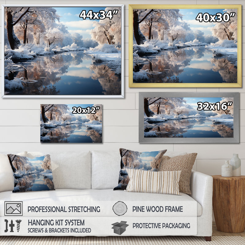 «Winter Landscape River Reflection II», reproduction sur toile, Cadre flottant doré, H 34 po x l 44 po x P 1,5 po