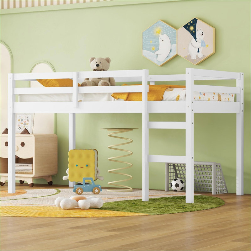 Pour économiser de l'espace dans une petite chambre à coucher: lit mezzanine simple en bois d'hévéa massif blanc avec échelle, plateforme à lattes renforcée, style minimaliste