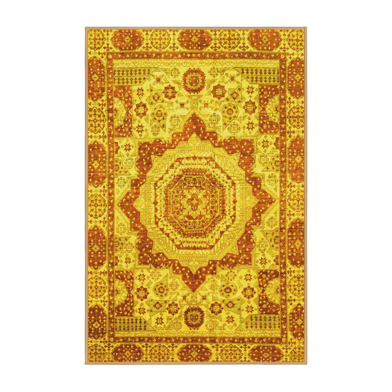 Tapis oriental en laine / polyester tissé à la machine en jaune / orange, Rectangle 2 pi x 3 pi
