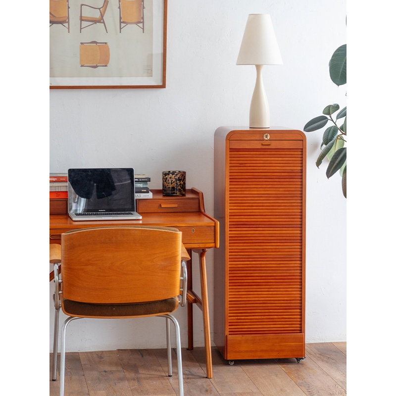 Vintage Solid Cherry Wood Rolling Shutter Storage Cabinet with Lockable Mobile Design