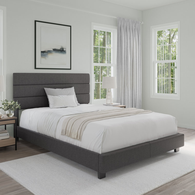 Sicily Gray Upholstered Linen Queen Platform Bed with Headboard