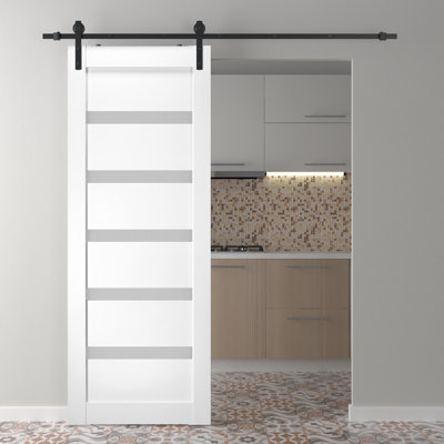 Leora Paneled Manufactured Wood and Glass Prefinished Barn Door with Installation Hardware Kit